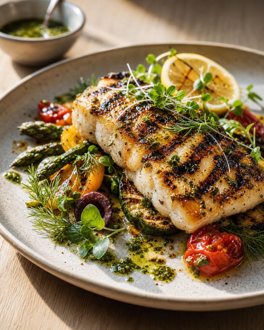 A grilled entree with char marks, lemon, herbs, vegetables, and glossy herb oil.