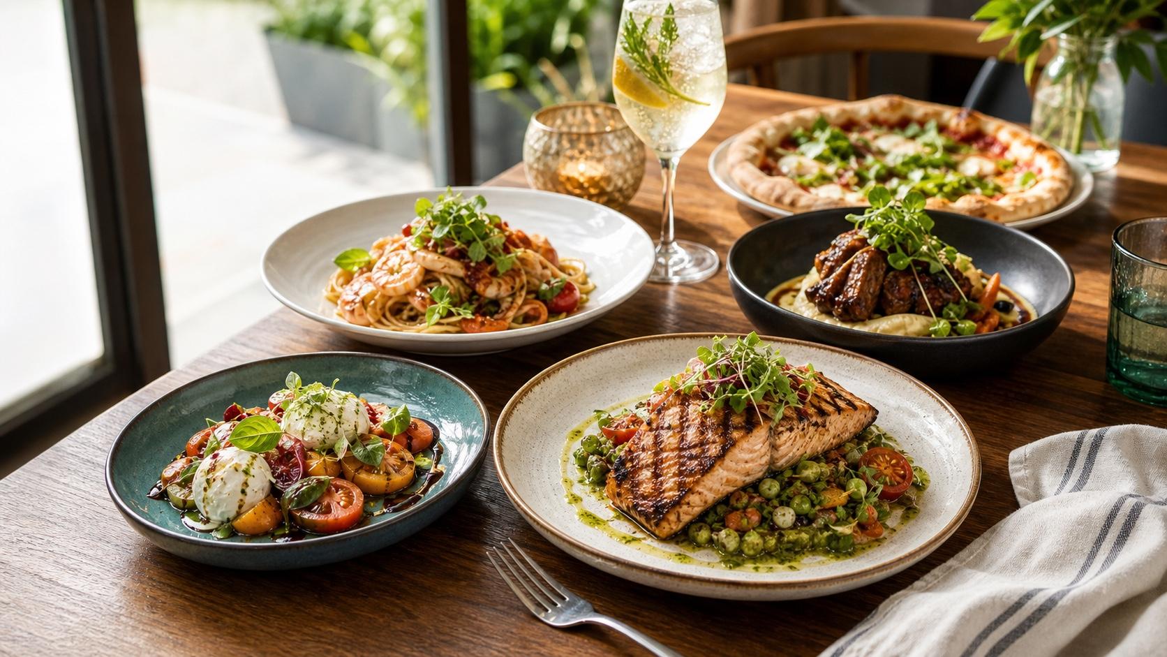 A bright restaurant table spread photographed in natural window light.