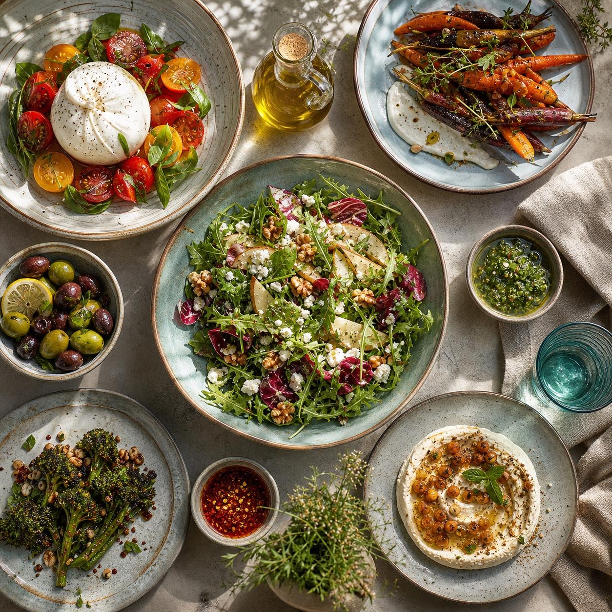 A bright overhead restaurant spread with salad, burrata, roasted vegetables, olives, sauces, and ceramic plates.