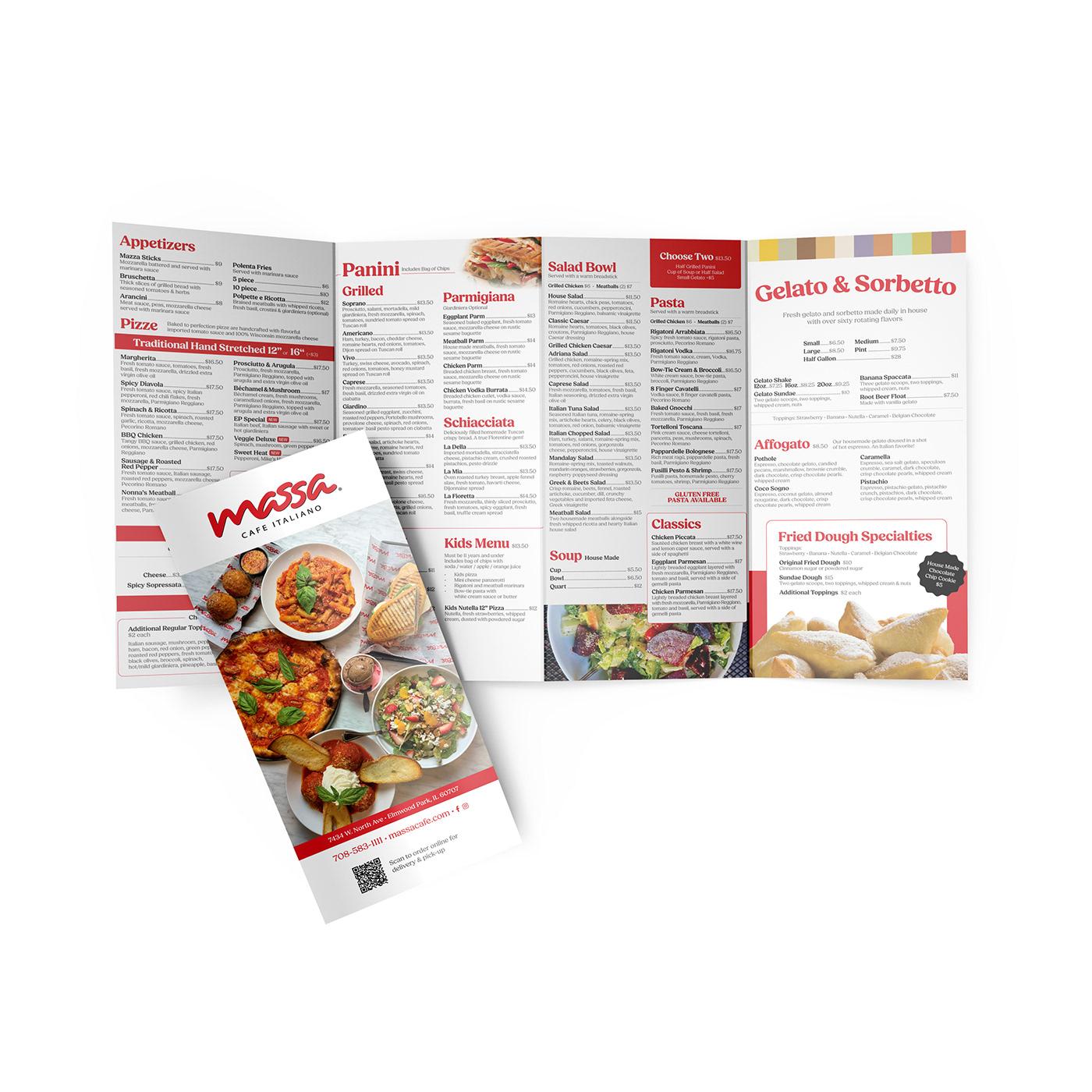 Massa Cafe folded takeout menu with food photography and red typography.